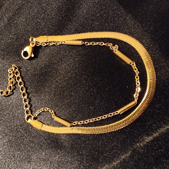 Slide Jewelry Stainless Double Layer Gold Herringbone & Link Bracelet. NIB - Picture 2 of 9